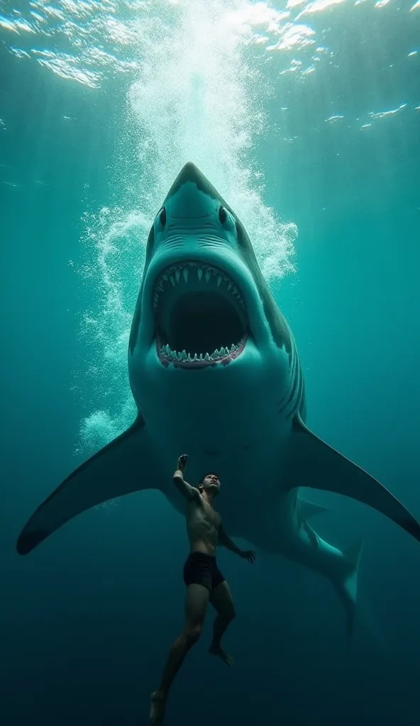 "A hyper-realistic scene of a swimmer underwater, surrounded by crystal-clear turquoise waters, moving cautiously towards an imposing shark that looms ahead. The shark, with its mouth wide open revealing razor-sharp teeth, creates a sense of impending dang...