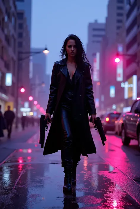 Very realystic image of a full body shot of Ana de Armas as Trinity in The Matrix walking on the street in a futuristic cyber Tokio with a big gun in each hand, everything is wet because of the rain, evening, almost dark, ambient shot, there's space around...