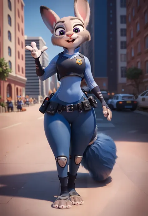 masterpiece, judy hopps, blue fur, Wide hips, on a city, police uniform, long and fluffy krystal the fox tail, full body, crossing legs, pov from bellow