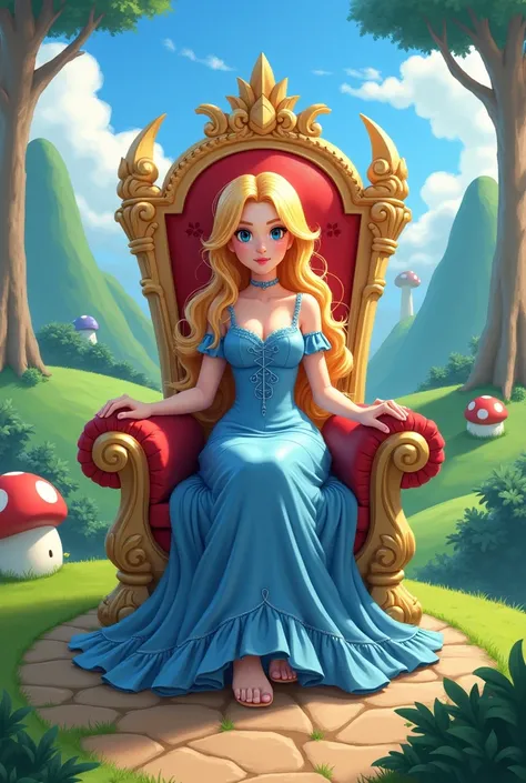 I need a blonde female character, wearing a blue dress, with features from the Super Mario World universe, sitting on a throne. Need cartoon anime art.