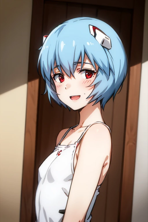 ((Best Quality)), ((masterpiece)), (be familiar with), perfect face, indoors, bedroom, watching viewers,
One woman, Rei Ayanami,
open mouth, ecstatic expression, blush, smile,
 small tits, flat chest, Young girl,  lori,  ,  girl,
Short Hair, short hair,
 o...