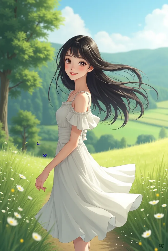 Anime. A beautiful rural village girl with white skin and black hair, wearing a white rural dress and smiling, in a natural place.