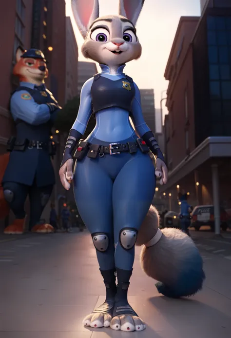 masterpiece, judy hopps, blue fur, Wide hips, on a city, police uniform, long and fluffy krystal the fox tail, full body, crossing legs, pov from bellow