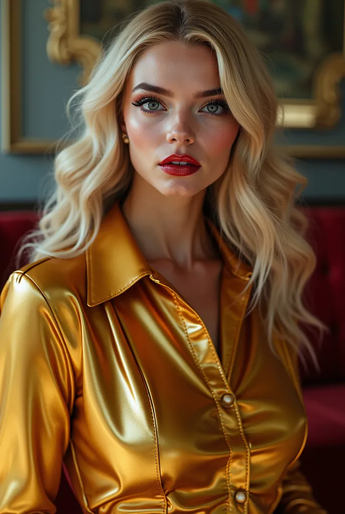 elegant blonde hair, lip botox injections, extremely shiny deep red lip gloss, eyeliner flicks, gold latex rubber fetish outfit with shirt and pleated mini skirt, student