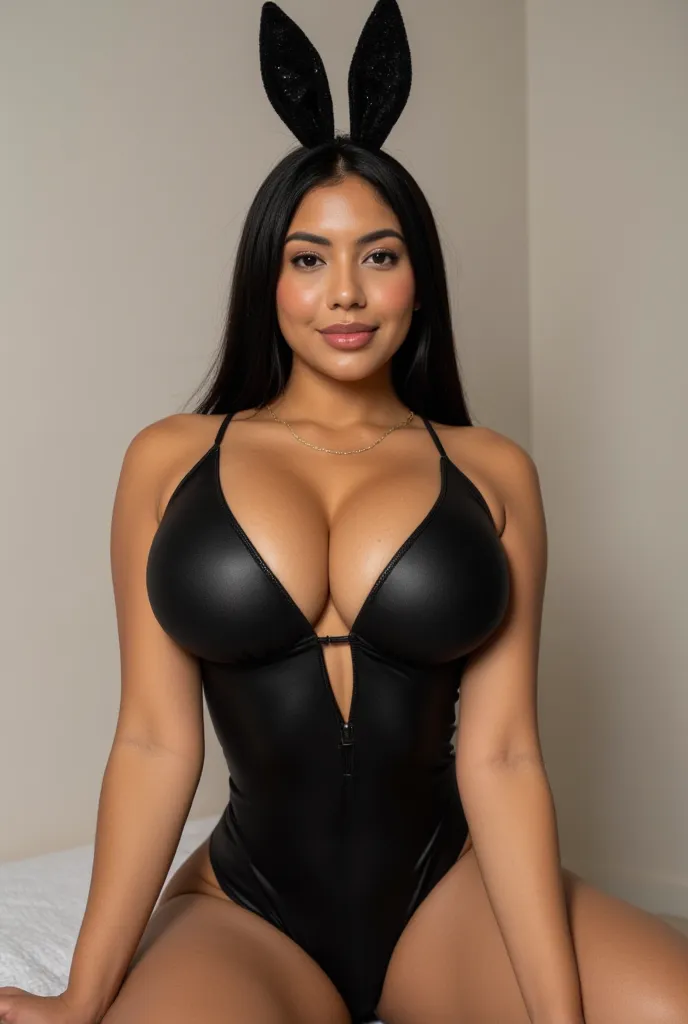 A beautiful Latina woman, tan skin, 20 years old, long black hair, perfect face, brown eyes, big natural breasts, thin waist, thick thighs, big round ass, hourglass body, masterpiece, best quality, amazing quality, super detailed, high quality, 8k. Wearing...