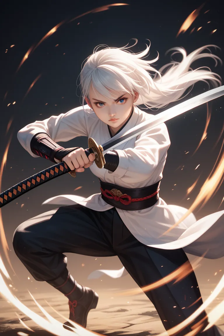 Redrop pixiv artstyle, white hair girl with katana sword doing fight pose