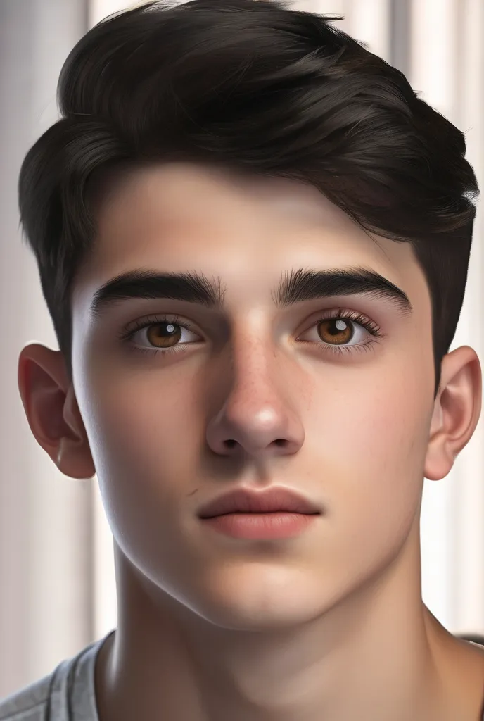 Portrait of a handsome 17-year-old male ager with short black hair, white skin and brown eyes, a large nose and an oval face with an athletic physique, a practice of calisthenics, is originally from Italy. 