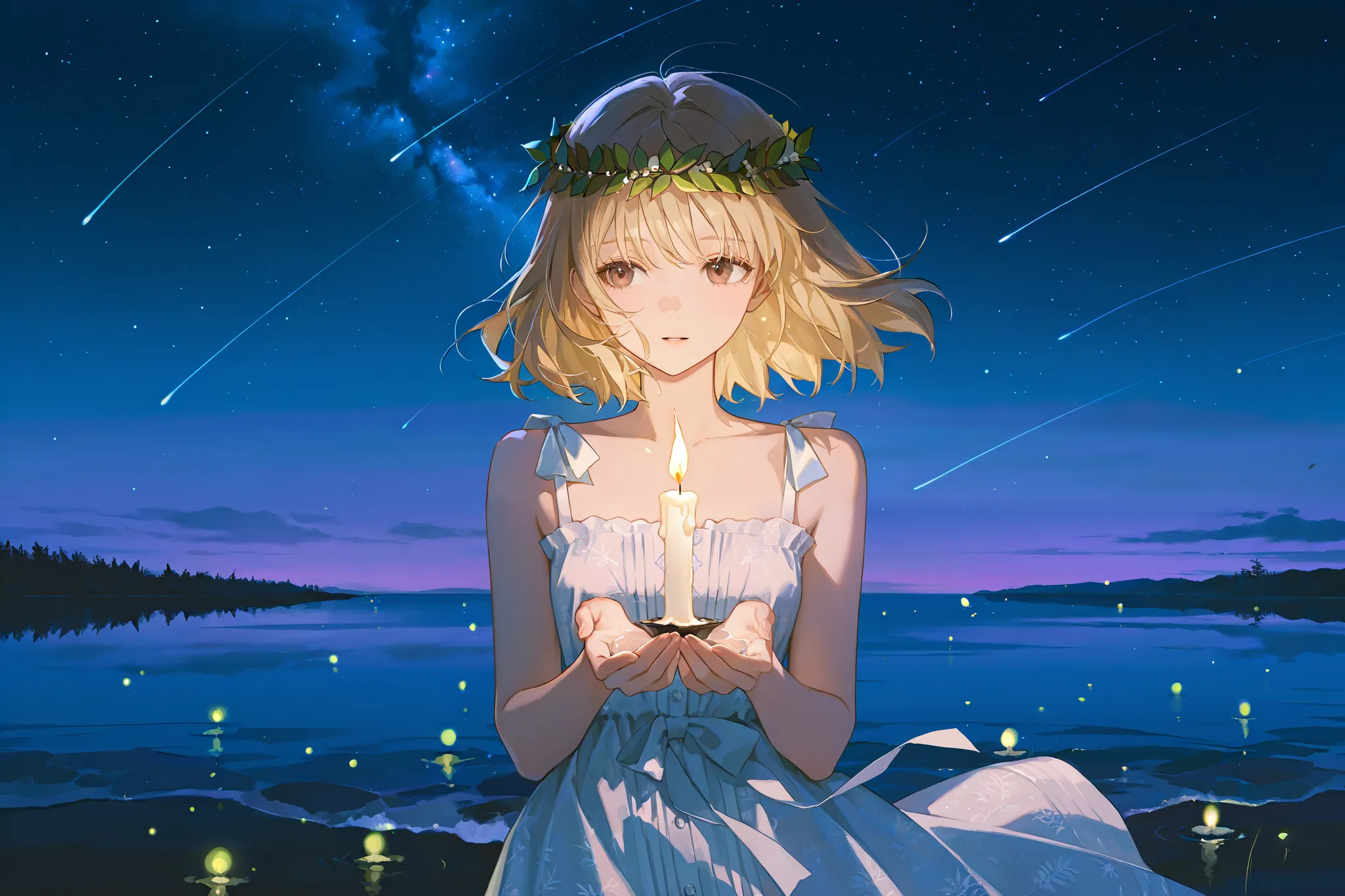 The reflection of the starry sky in the water, the reflection of the dawn on the water surface, blonde girl with light golden hair, developing in the wind, Dark brown eyes , Slavic shirt with a, Slavic white sundress with Slavic patterns, pattern in hands ...