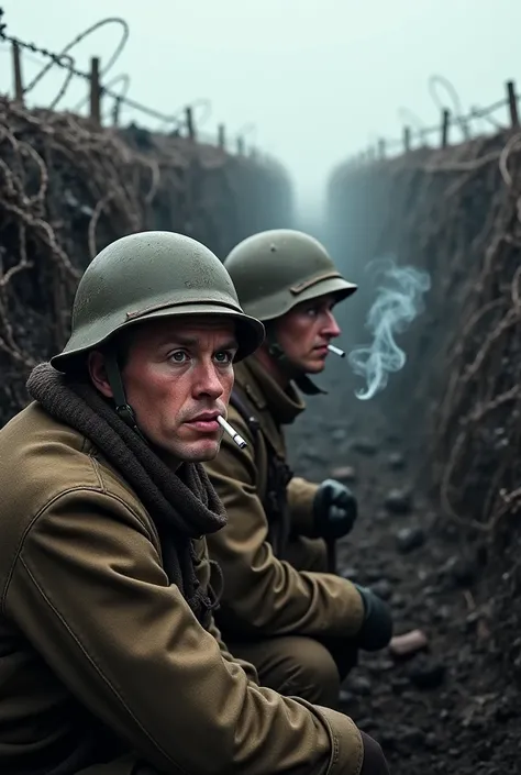 "Create a realistic and dramatic scene set in the trenches of World War I. Show three exhausted soldiers, wearing historical military uniforms with steel helmets, sitting in a cold, muddy trench. One of them is smoking a cigarette, the smoke hanging in the...