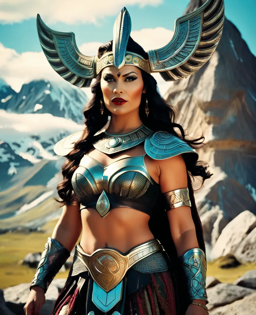 Retro mythological style cinematic image .   Goddess Viklingon ,  Half Viking , Half Klingon  , 