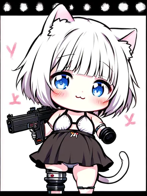   chibi，anime style，mangastyle，girls，Minimum， little character，chubby，obesity，Cat Ears and Tails ， bikini，miniskirt， short prosthetic arm，short prosthetic leg，Putting on/taking off，Gothic Lolita，military， Shooting ，flight，全身ショット 💕 メカ少女💕
