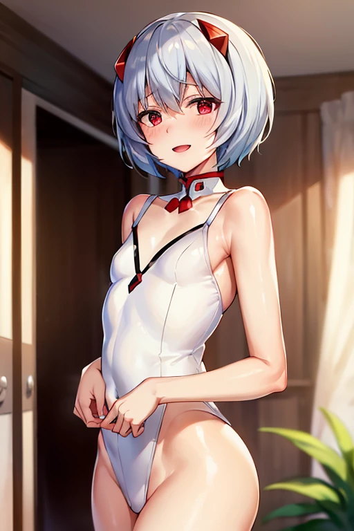 ((Best Quality)), ((masterpiece)), (be familiar with), perfect face, indoors, bedroom, watching viewers,
One woman, Rei Ayanami,
open mouth, ecstatic expression, blush, smile,
 small tits, flat chest, Young girl,  lori,  ,  girl,
Short Hair, short hair,
 o...