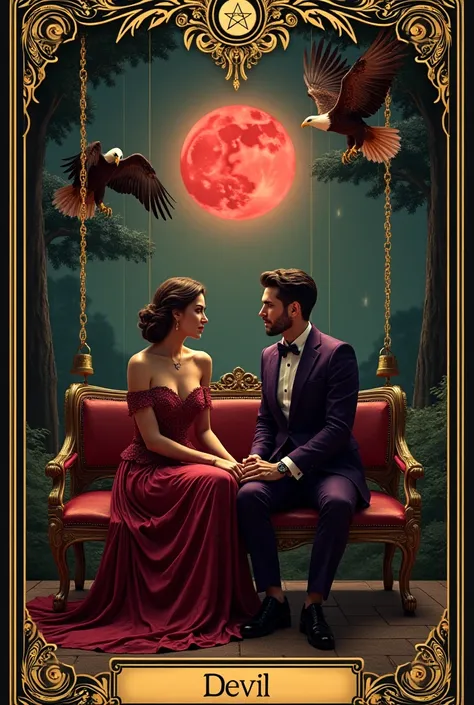 hello, Make a type of tarot card like this:

Card Structure "in the shade" (The Devil in the Eagle Tarot):

scenario: A luxurious square bench, gold and a mysterious background, maybe a dark sky with a bright ruby moon, bringing a mystical and seductive to...