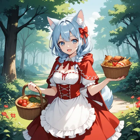 Anime illustration.(Top quality.High resolution.Ultra-detaileb.Ultra-high definition.)1girl.A cute face.Wolf ears and tail.cheerful smile showing small sharp fangs.Fairy tale(Little red riding hood).Red hooded cape.German folk costume (Dirndl).Basket with ...