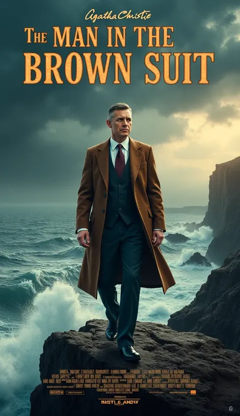 A captivating movie poster for the cinematic adaptation of Agatha Christie's novel, "The Man in the Brown Suit." The poster features a dashing man wearing a brown suit, standing on a cliff overlooking a stormy sea. There's a sense of mystery and suspense i...