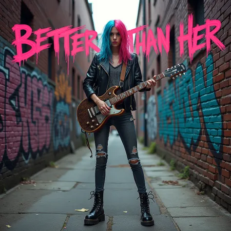 Create a realistic album cover for "Better Than Her". The setting is an urban alleyway with detailed brick walls adorned with vibrant, authentic graffiti art. In the foreground, a young woman stands confidently, embodying a punk rock persona. She has shoul...