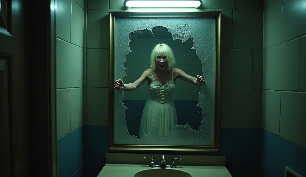 A dark and eerie school bathroom, dimly lit by flickering fluorescent lights. In the center of a cracked and aged mirror, a ghostly blonde woman in a tattered white dress is forcing her way out. Her pale, lifeless hands grip the edges of the glass as she p...