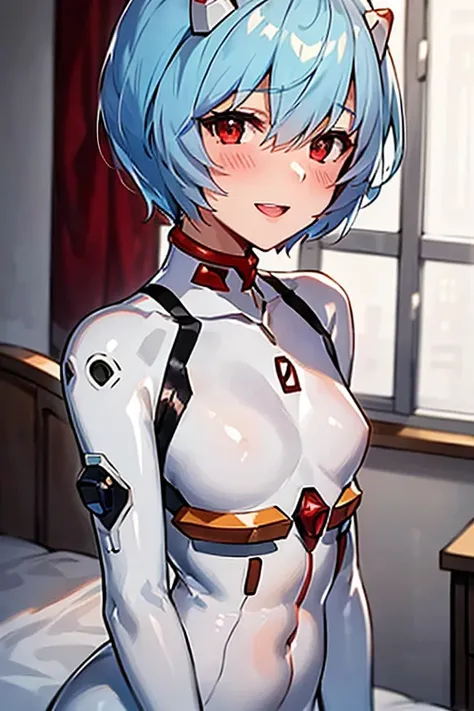 ((Best Quality)), ((masterpiece)), (be familiar with), perfect face, indoors, bedroom, watching viewers,
One woman, Rei Ayanami,
open mouth, ecstatic expression, blush, smile,
 small tits, flat chest, Young girl,  lori,  ,  girl,
Short Hair, short hair,
 o...