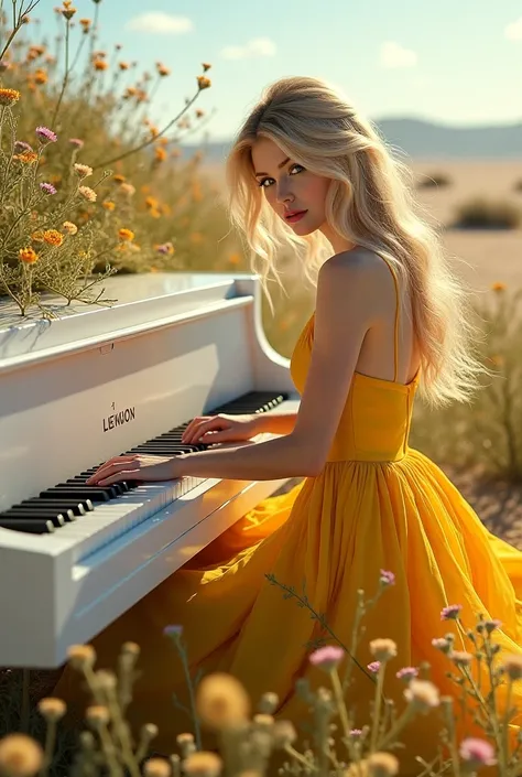 Blue-eyed blond woman in a yellow dress playing a piano in a desert surrounding the white piano has grass and flowers 