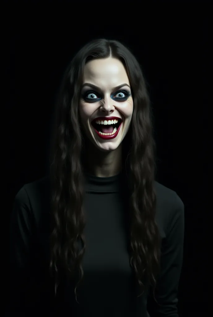 boobs, masterpiece: 1.2),  on a black background , a very creepy and grotesque-looking woman has a ghostly face with long, loose hair, smiling maliciously and scaring people. , pc,  Cinematographic , high level of detail