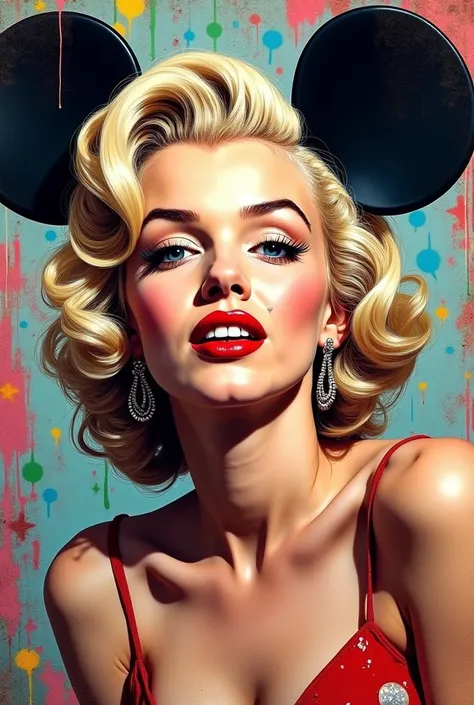 Find an iconic image of Marilyn Monroe and add Mickey Mouse's ears, Break the image into 4 colors , Cartoon Style. graffiti background .