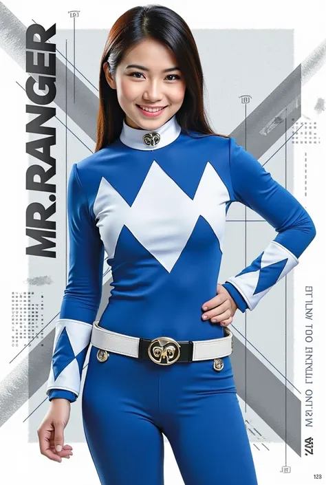 Female Blue Ranger from Power Ranger Ninja Storm, tight Blue Ranger Suit with motif geometris shape in white color. Super heroes Poses, smiling seductif

The background is a clean, high-tech graphic design with sharp geometric patterns, dynamic diagonal li...