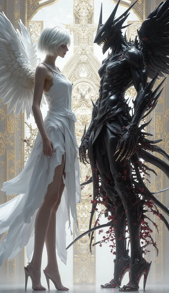 an angel and a demon look at viewer, they explain to viewer their own justice, angel\(woman, white wings, white robe, short hair, blue eyes,barefoots,\), demon\(dark body, horn, sheep face, white eyes, bloody liquid, neked upper body, black lower robe, dev...