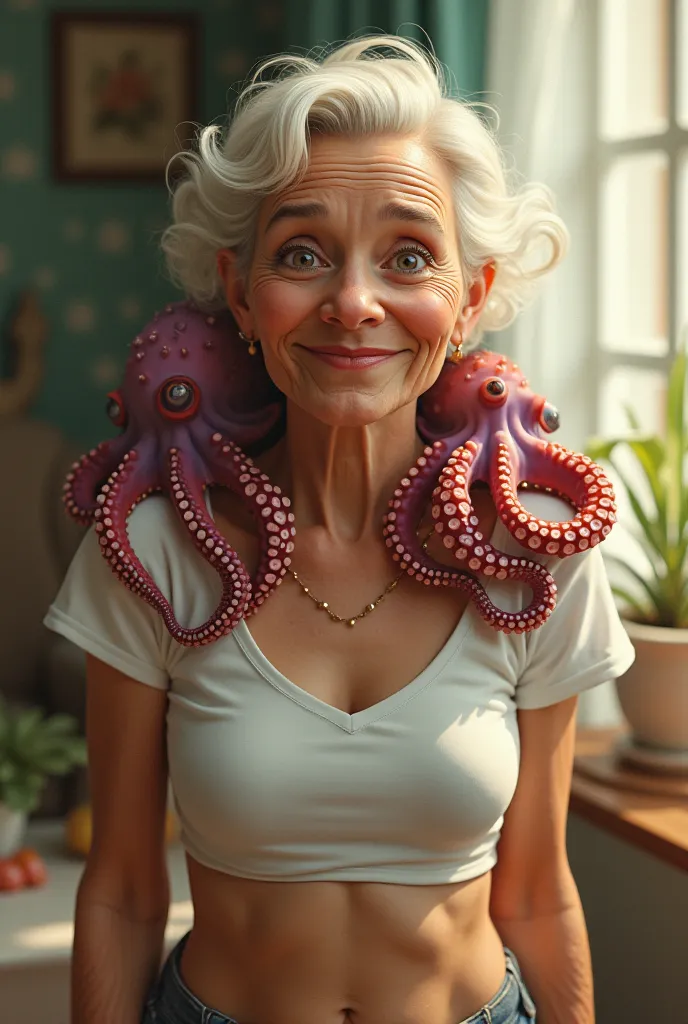 A grandmother wearing a white crop top and an octopus as a pet 