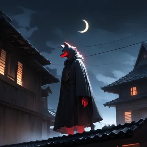 Furry with red hand glow, in black wool,  stands on the roof of the house at night