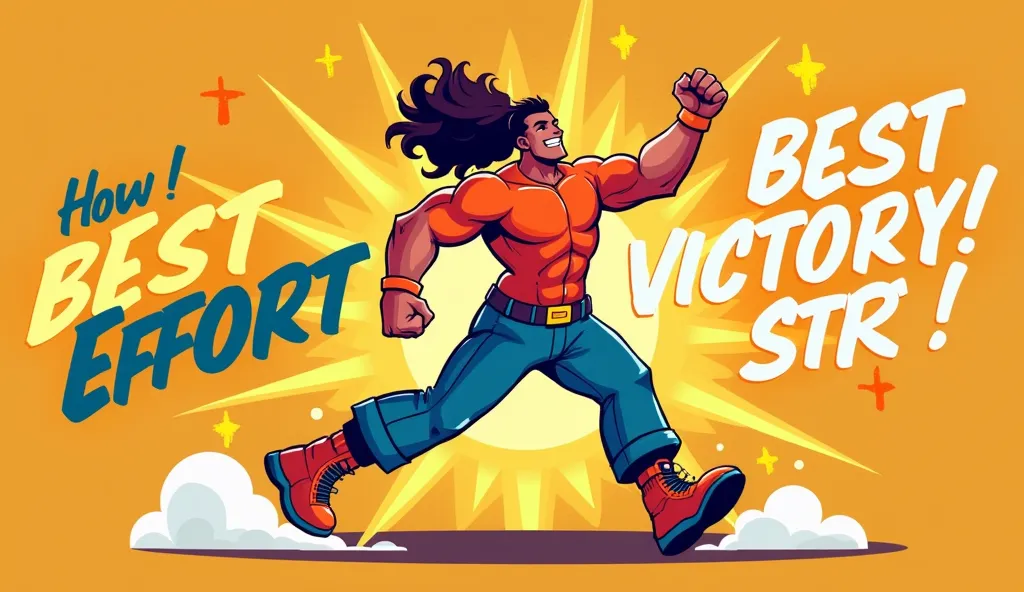 Create a dynamic and vibrant image celebrating the "BEST ACHIEVEMENT" of a character who has clearly put in hard work and dedication. Show a powerful, energetic character in a striking pose, radiating positive energy and accomplishment.  Use bold, celebrat...