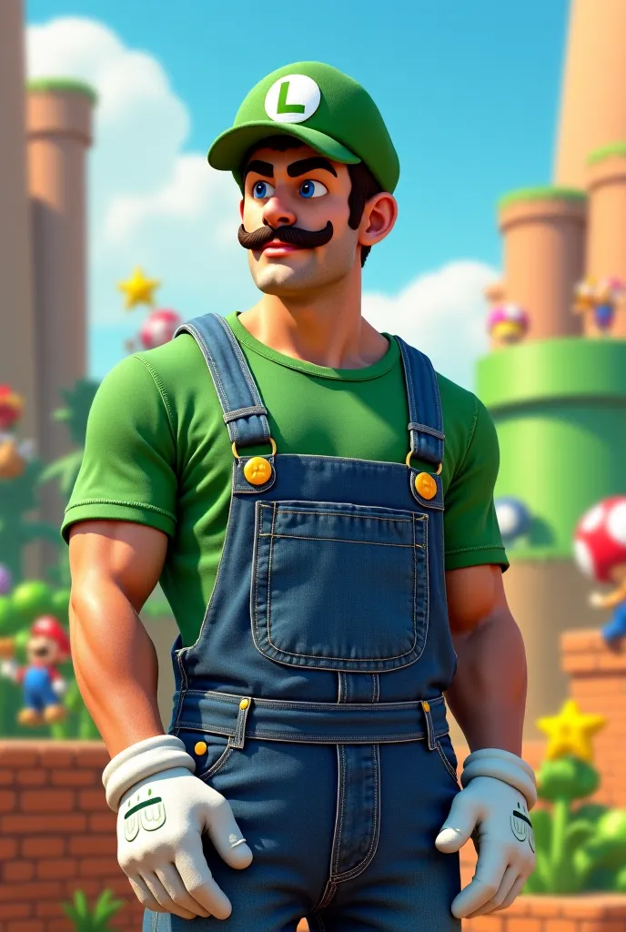 Faire un bel homme en salopette de jeans avec gants blanc t-shirt vert , casquette verte avec un rond blanc avec un L vert dans le rond et une moustache avec le monde de mario en arrière-plan 