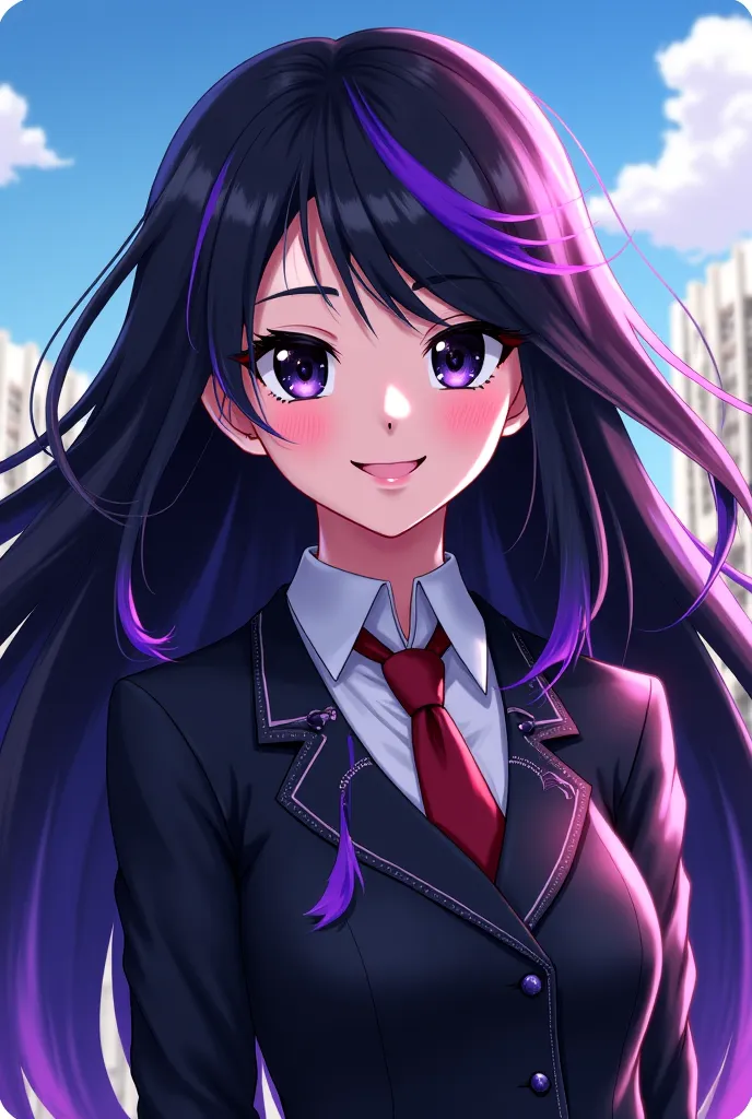 my hero academy, Girl with long black hair with purple highlights,  has black eyes, has a cheerful and seductive expression, Wears the UA uniform 