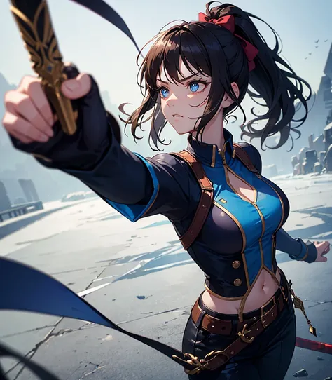 Glamorous-looking adult woman,  Strong and determined . She wears a dark and blue outfit, with a belt and boots that give her an air of a warrior.  Her dark hair is tied in a high ponytail , and her gaze is intense and challenging. In her right hand she ho...