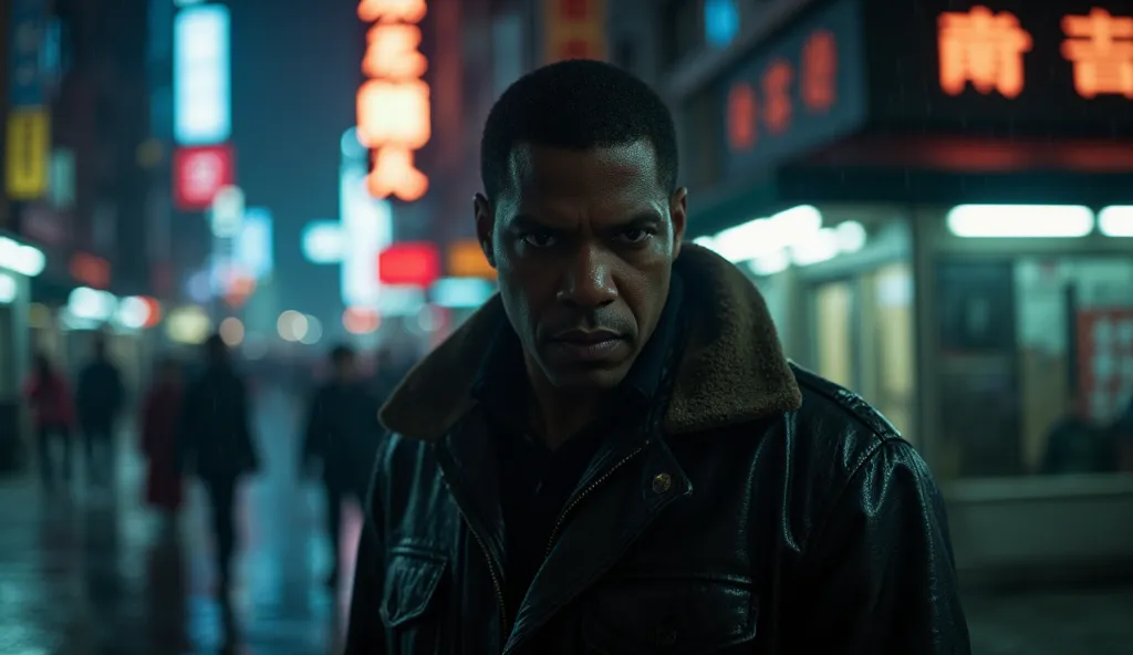 Video Prompt: Denzel Washington walks alone on a rainy city street at night. Neon signs flicker. The camera captures a close-up of his serious face, rain dripping from his jacket.