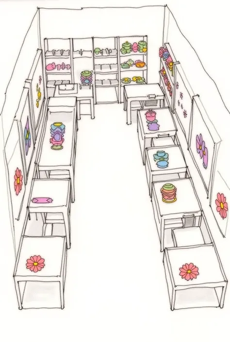 Draw a simple layout showing storage, workstations, and display areas. About handmade crochet flower business. I want it like a sketch