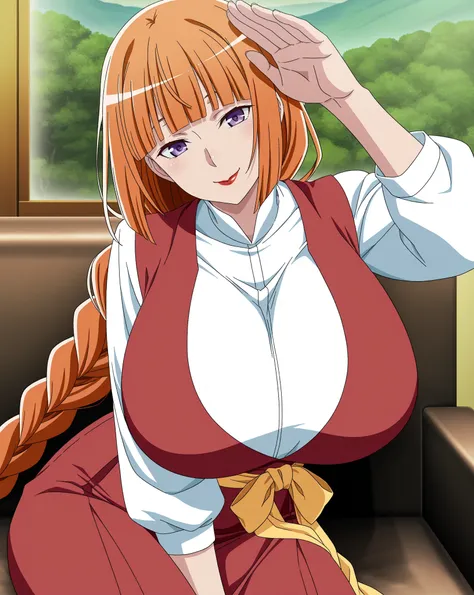 score_9, score_8_up, score_7_up, source_anime, anime coloring, anime screencap, 1 mature woman, solo, Kahvel (100-man no Inochi no Ue ni Ore wa Tatteiru), orange hair, very long hair, braided ponytail, hime-cut, blunt bangs, purple eyes, loving smile, red ...