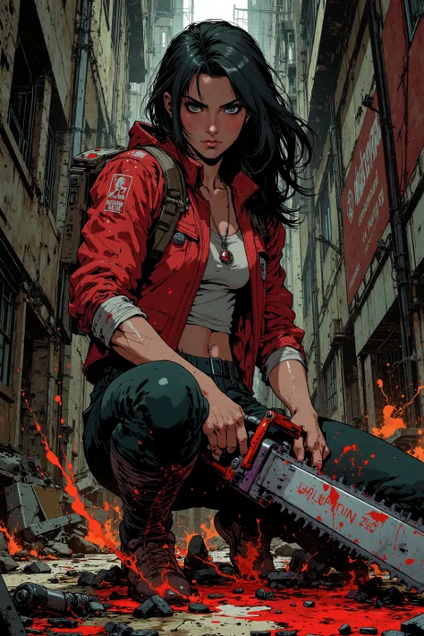 art by Mike Deodato Jr, a close up of a woman with a chainsaw in a dirty area, bloody + conceptual art, Wojtek Fus,  post-apocalyptic vibes ,   post-apocalyptic style  ,  a very beautiful Berserker woman , post-apocalyptic scavenger, cyberpunk horror style...