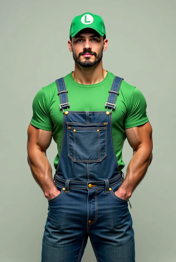 Faire un bel homme musclé en salopette de jeans avec gants blanc t-shirt vert , green cap with a white circle with a green L in the circle and a mustache with the world of Mario Bros in the background 