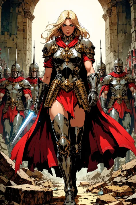 art by Mike Deodato Jr, a painting of a woman in armor walking with a group of men, arte de fantasia de adrian smith, barbarian warrior woman, high fantasy. Royo, epic fantasy character art , por Ryan Barger, Very pretty Barbara woman , by Aleksander G...