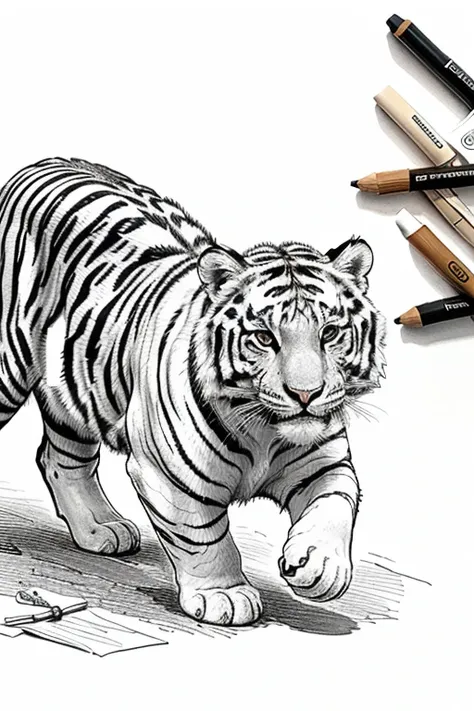 cute tiger in a simple line art style, designed for coloring pages. The tiger has a friendly and playful expression, with big round eyes and a small smile. The lines are clean and smooth, with bold outlines to make coloring easy. The tiger is sitting or pl...