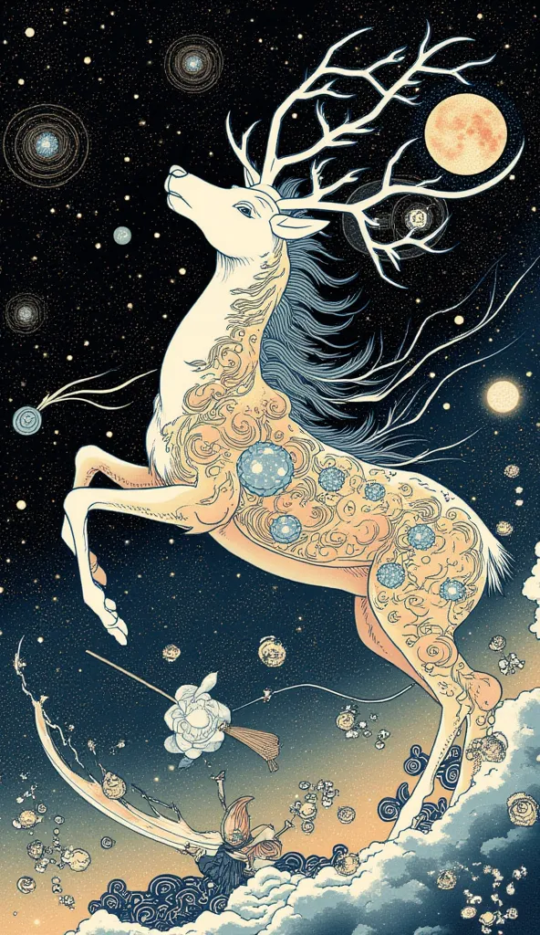 an ukiyo-e depiction of a giant starry universe deer fighting against a goddess unknown hooded strawhat swordwoman. both figures have japanese motif of curly cloud swirling on their body. 