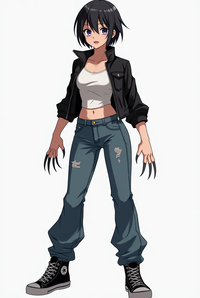 Create an image of an anime-style person with short black hair,  athletic body structure , wearing denim pants with a leather jacket and a white tank underneath it, A Black Sneaker , with 3 claws sticking out of the knuckles of your fingers

