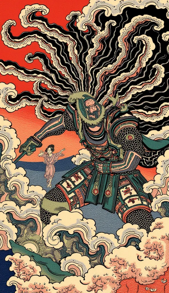 an ukiyo-e depiction of a possessed headless thousand-arms armour fighting against a goddess unknown hooded strawhat swordwoman. both figures have japanese motif of curly cloud swirling on their body. 