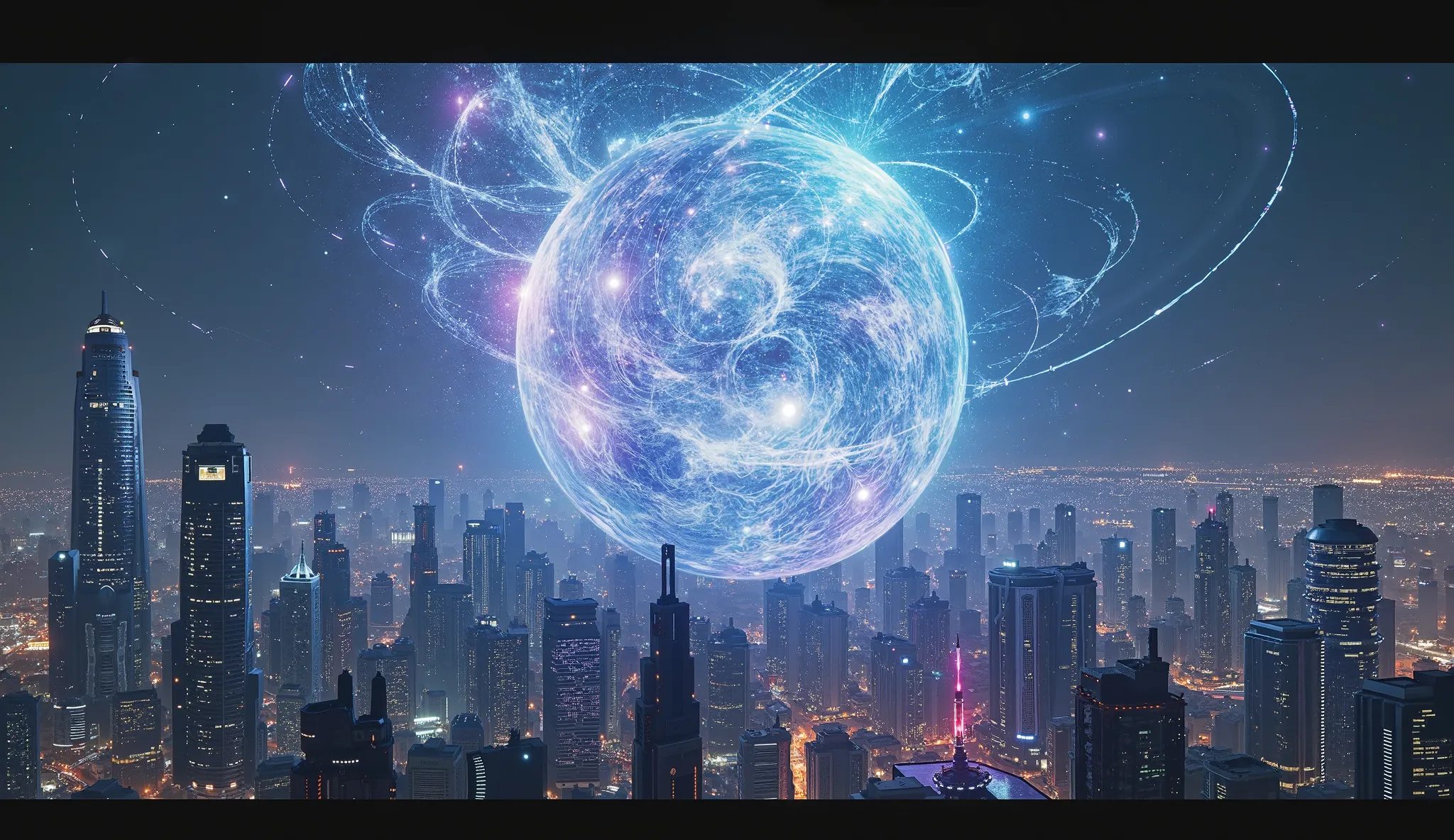 A massive, glowing fusion energy sphere hovering slightly to the left above a futuristic city at night. The sphere radiates swirling plasma energy with intense blue, white, and purple hues, casting dramatic light across the sleek, high-tech skyscrapers bel...