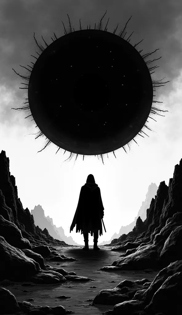 Black Sun in solitude in black and white in an old comic