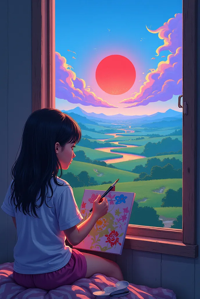 A girl sits in front of a window she is painting what she sees through the window plus the paint the colors are distorted the blue sky green the red sun the lilac clouds 