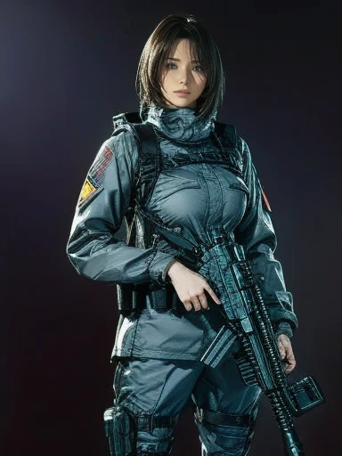   Replace 、Amazing Details、  Ultra High Resolution、（  realism ：1.4）、（（close：0.75））、 for 1 woman is extremely condensed、   beautiful delicate face 、 Term ratio、   Narrow Down the Target Group   、  Big Breasts ）、 brown hair、（Purple Tech Suit）、（Cyborg Vs........