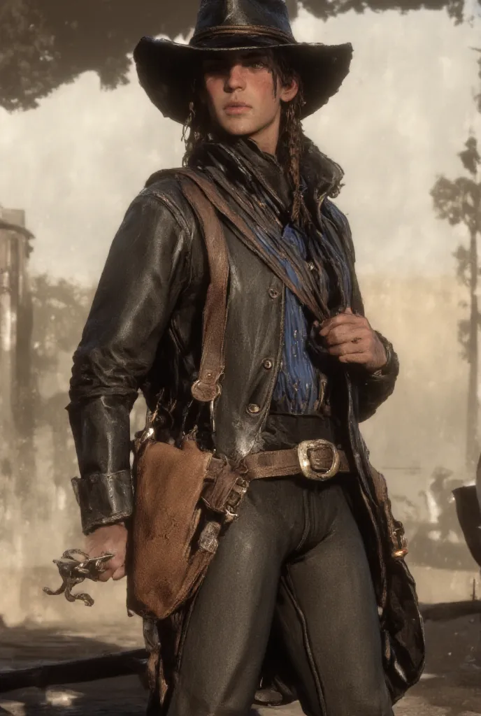 A tall, lean young boy with freckled, tanned skin stands with a confident yet relaxed demeanor, his long, curly hair braided into a low ponytail, with loose strands framing his face. His cowboy hat sits firmly atop his head, shadowing his sharp, model-like...