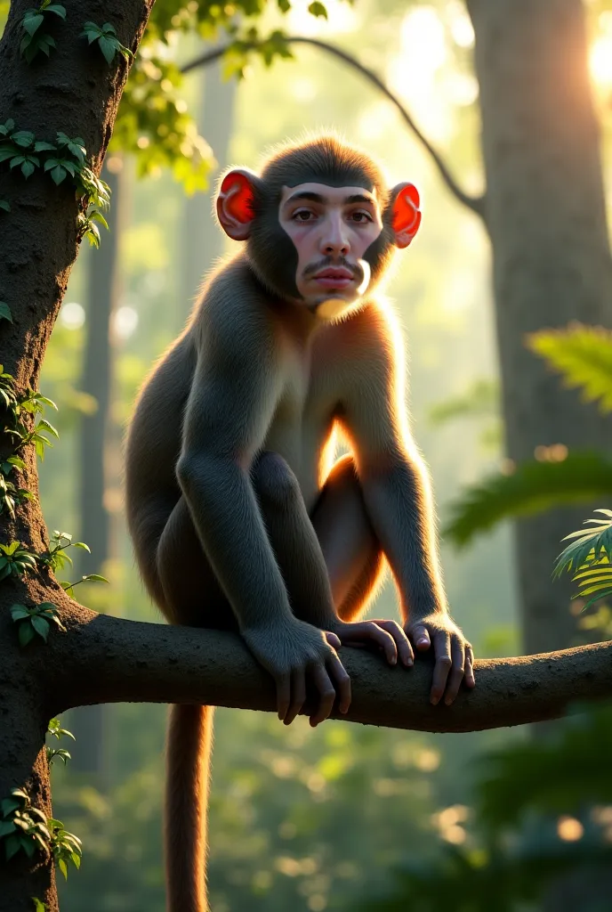 Create a realistic monkey in 4k atop a branch with forest scenery 