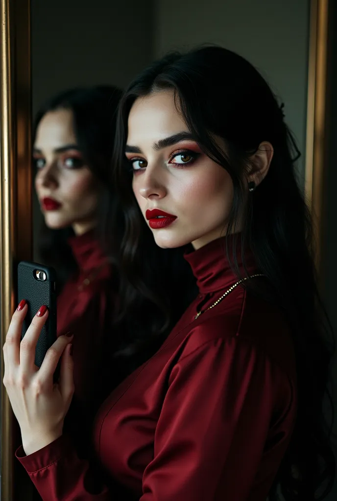 A young woman with a Gothic style brunette image in the form of a photo against the mirror showing her cell phone at an angle from the side and wearing red clothes like the one before